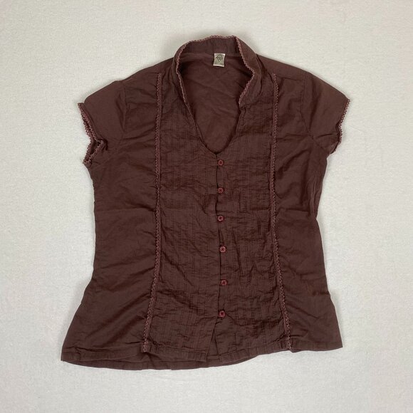 Vintage Prana Cottton Fairy Grunge Lace Fringe Brown Button Up Blouse Medium - Picture 1 of 11